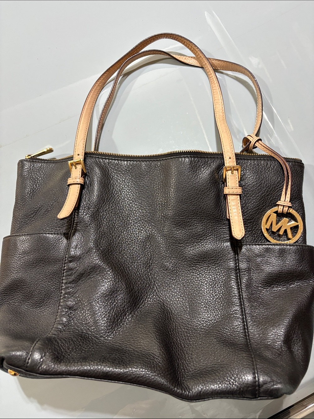 Michael Kors black Leather Tote with Tan Straps
